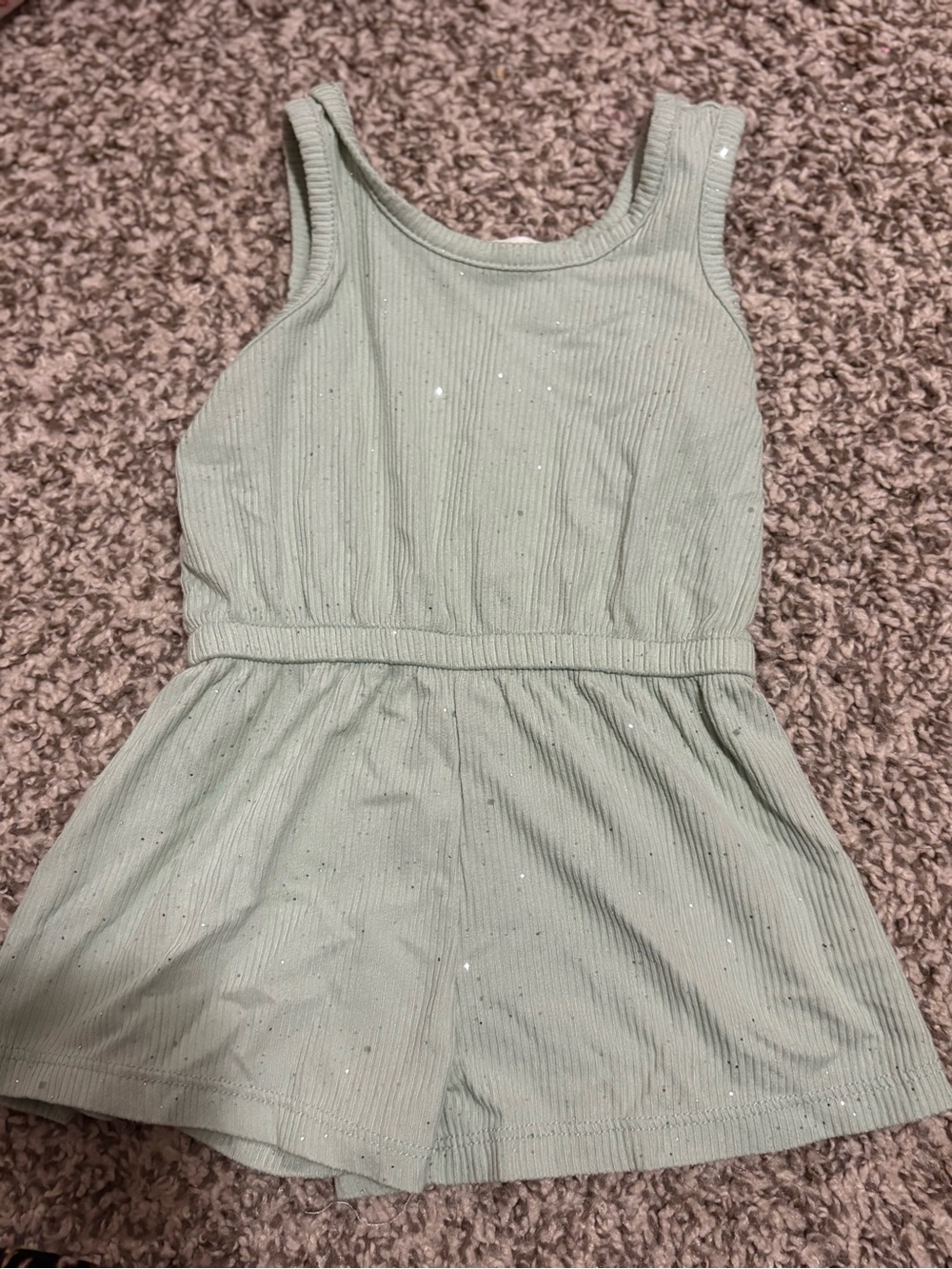 Girls' Sage Green Ribbed Romper with Sparkle